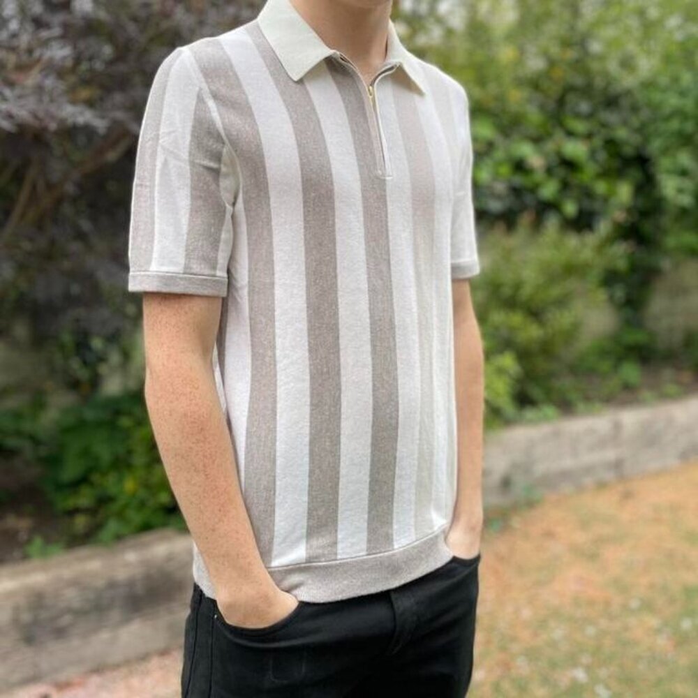 Reiss Striped Wool Cotton Polo Shirt With Half-Zip & Collar In Beige & Gray Size